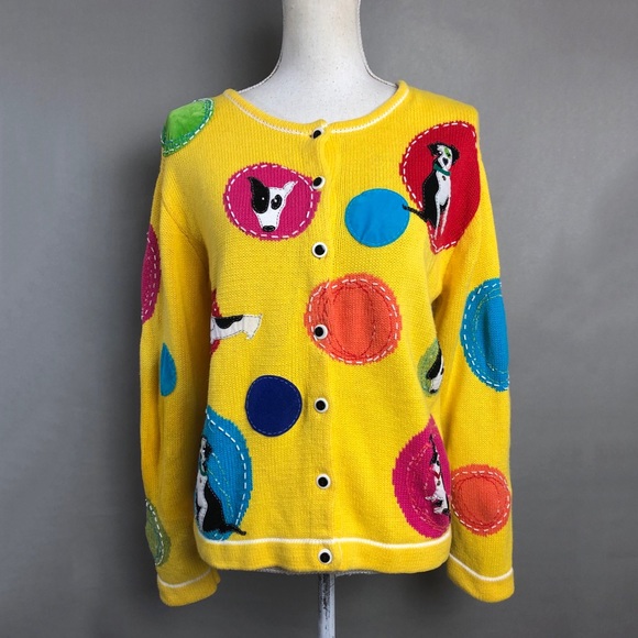 Vintage Y2K Cardigan Bright Yellow Dog Sweater - Picture 2 of 9